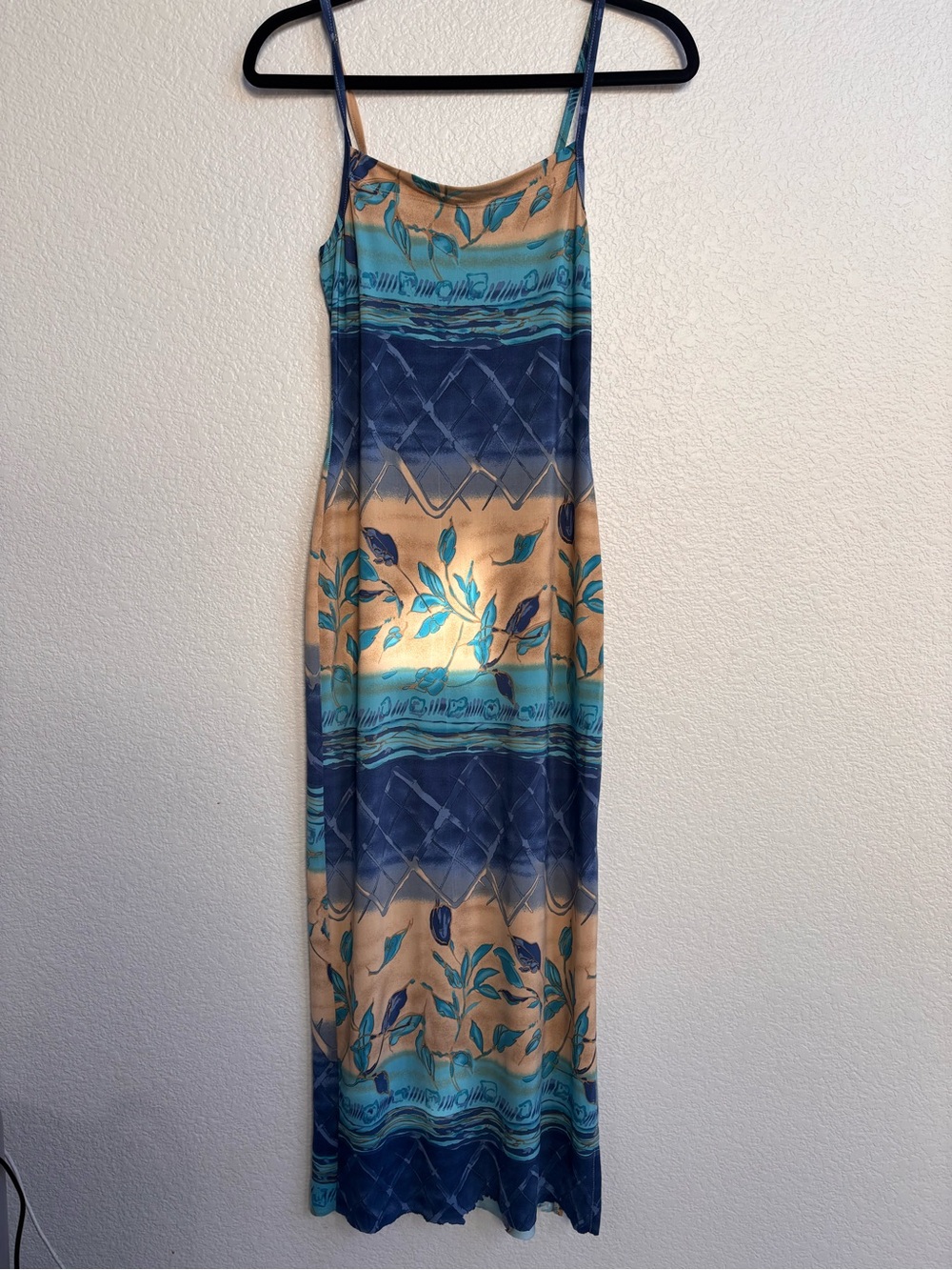 Vintage Diamond’s USA Blue Tan Floral Abstract Maxi Dress